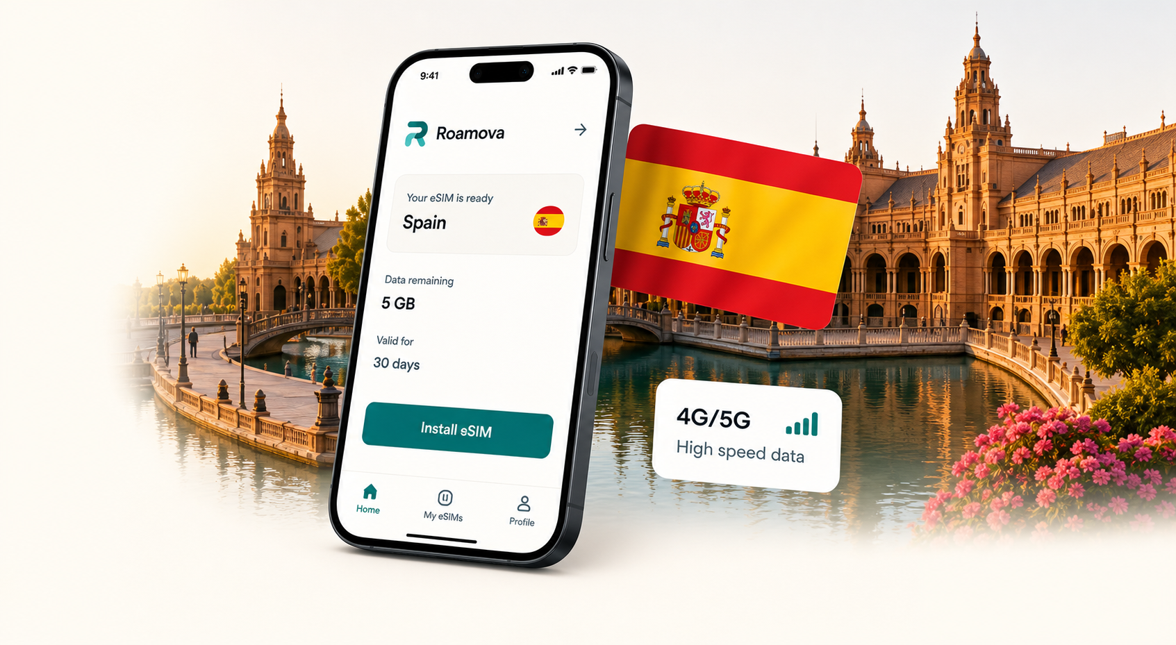 Spain eSIM hero with phone, luggage, eSIM card, and 4G/5G badge